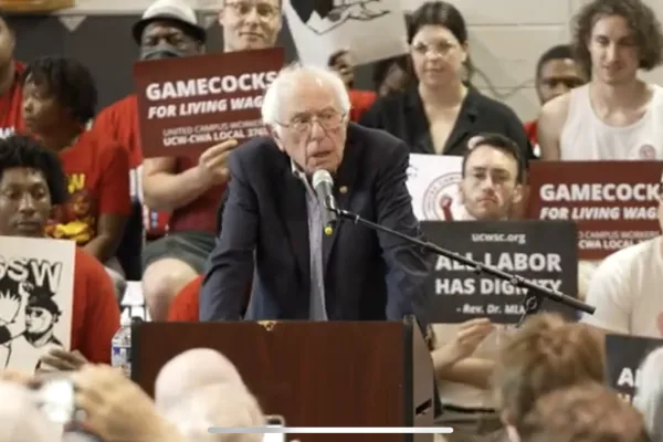 Sen. Bernie Sanders speaks in front of UCW and USSW workers