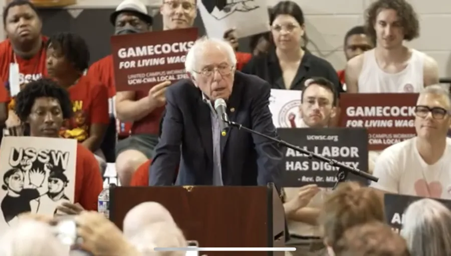 Sen. Bernie Sanders speaks in front of UCW and USSW workers